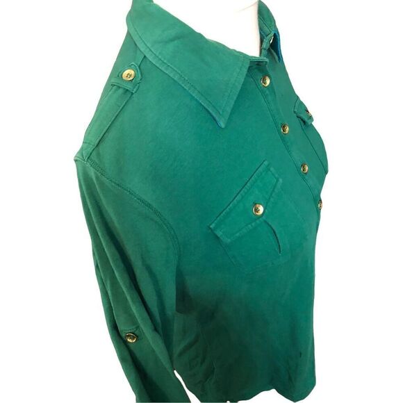 Tommy Hilfiger green 3/4 button crown collared with gold accent buttons size L - Picture 4 of 14